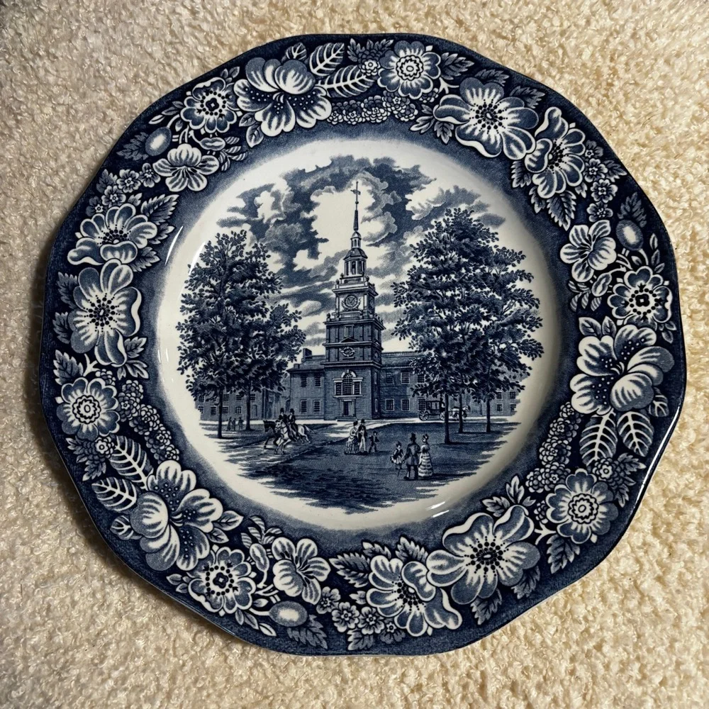 Vintage Staffordshire Liberty Bell  Blue and White Independence Hall Plate